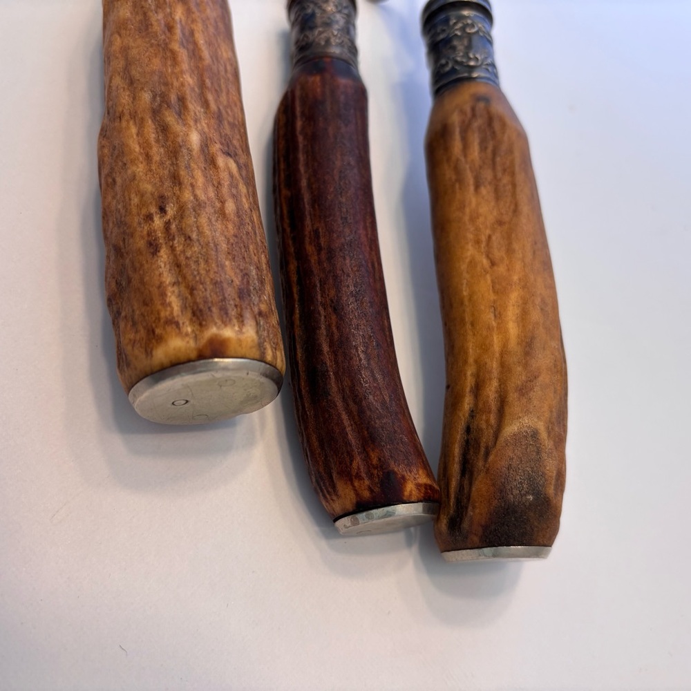 Antique Vintage Antler Handle Handle Carving Set w/ Silver Plated Ferrules Rare - Picture 12 of 14